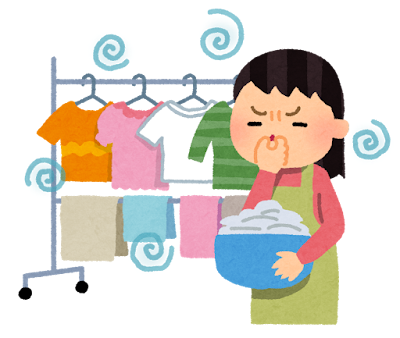 部屋干しの臭いに悩む女性のイラスト