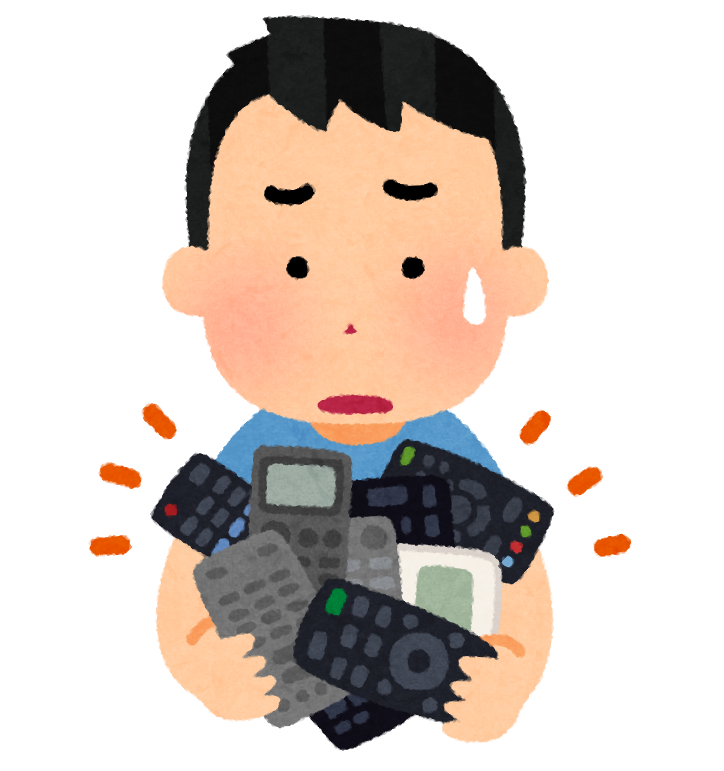 リモコンが多すぎて困っている人のイラスト