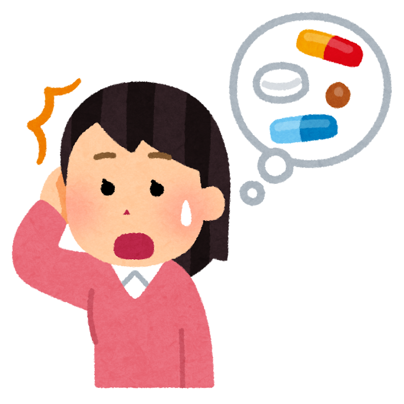 薬を飲み忘れて困っている女性のイラスト