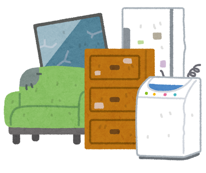 粗大ゴミとして出される家具や家電のイラスト